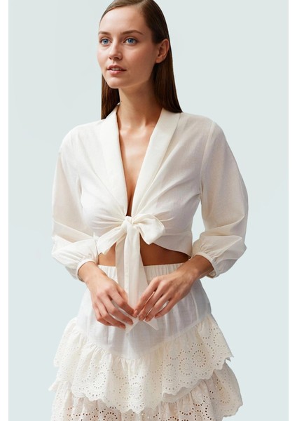 Yazlık Crop Bluz Pamuklu Balon Kol V Yaka Plaj Konforlu Kesim Premium Kalite Mükemmel Uyum