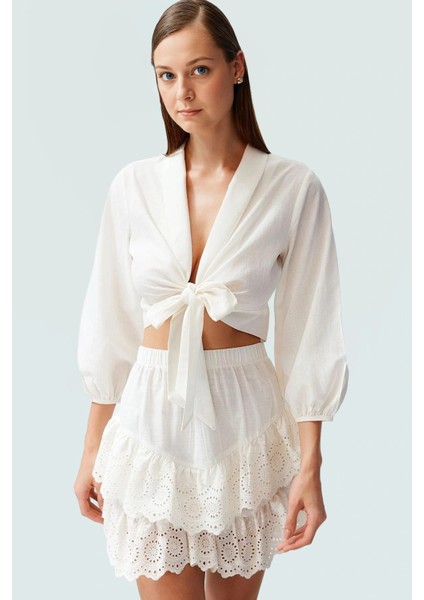 Yazlık Crop Bluz Pamuklu Balon Kol V Yaka Plaj Konforlu Kesim Premium Kalite Mükemmel Uyum fiyatları