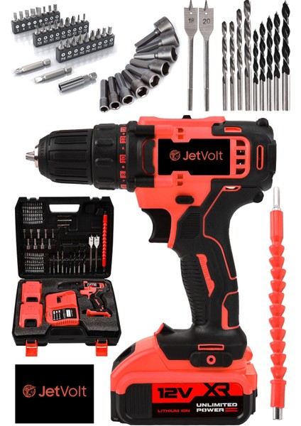 12V 1.5AH Metal Şanzumanli Çift Akülü 84 Parça Şarjlı Matkap Vidalama Kırmızı