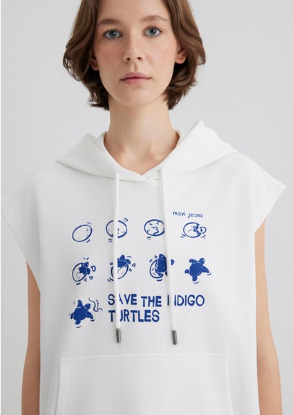 Indigo Turtles Baskılı Kapüşonlu Ekru Sweatshirt 1S10383-70057