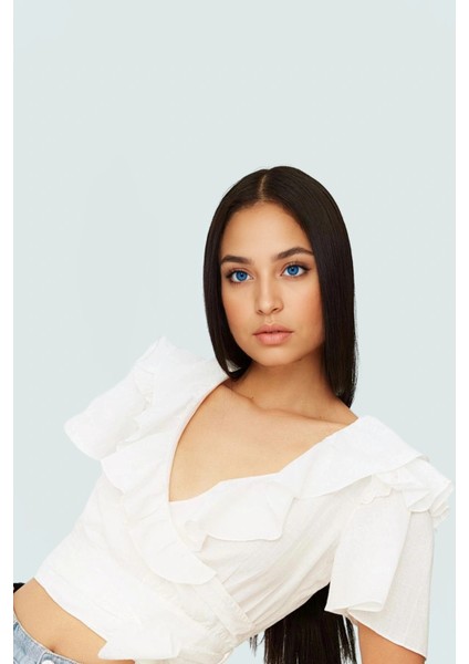 Flamlı Pamuk V Yaka Fitted Bluz Yazlık Günlük Tarz Konforlu Kesim Şık Görünüm fiyatları