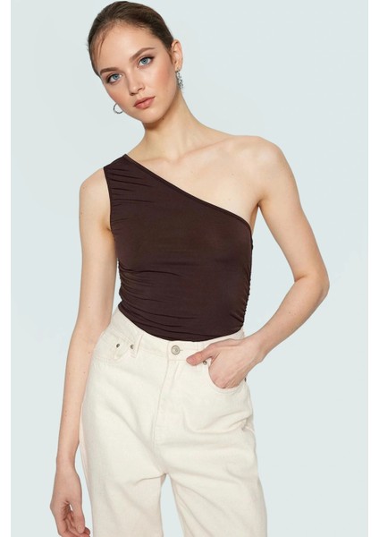 Tek Omuz Kolsuz Örme Bluz Fitted Vücut Mükemmel Uyum Zarifane Tasarım Şık Görünüm