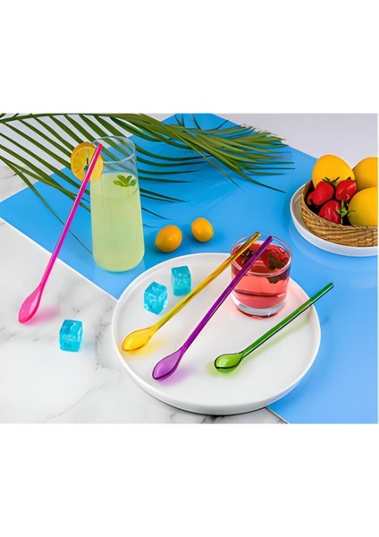 Çok Renkli Bal Dondurma Kaşığı 4'lü, 23 Cm, Plastik Uzun Bardak ve Kavanoz Kaşığı