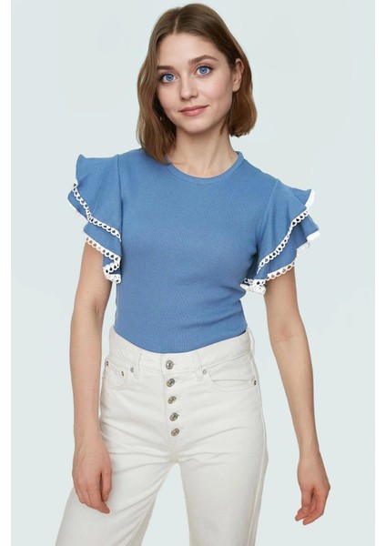 Kadın Bisiklet Yaka Kısa Kollu Örme Bluz Yazlık Rahat Günlük Profesyonel Görünüm