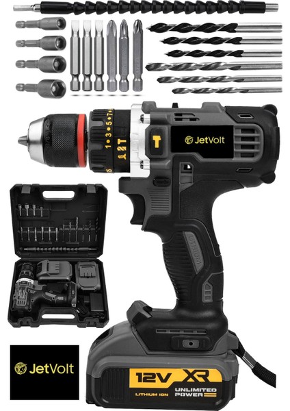 12V 1.5AH Çelik Şanzıman Çift Akülü Darbeli Şarjlı Matkap Vidalama Siyah