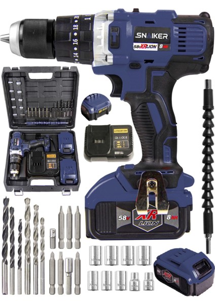 21V L 13MM Metal Mandren Darbeli Çift Akülü Vidalama Matkap 27 Parça Pro Set Lacivert