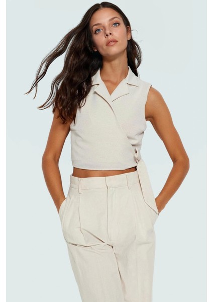 Keten Görünümlü Crop Bluz Ceket Yaka Kalın Askılı Yazlık Rahat Kullanım