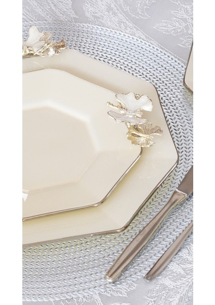 Dolmabahçe Sekizgen Krem Platin Yaldızlı 6 Kişilik 34 Parça Pasta Servis Takımı