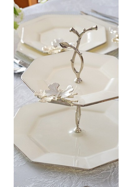 Dolmabahçe Sekizgen Krem Platin Yaldızlı 6 Kişilik 34 Parça Pasta Servis Takımı