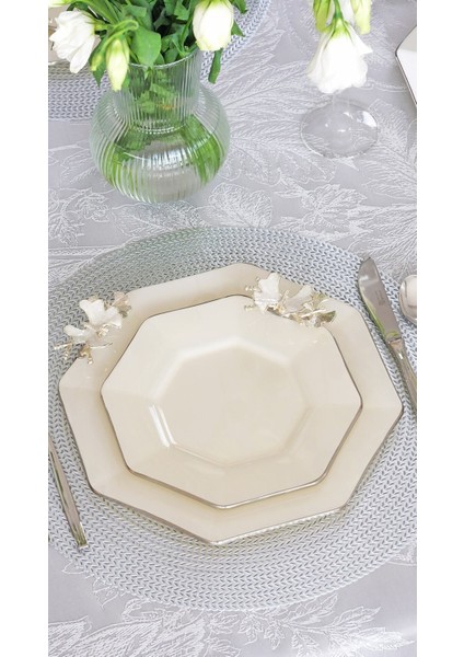 Dolmabahçe Sekizgen Krem Platin Yaldızlı 6 Kişilik 34 Parça Pasta Servis Takımı