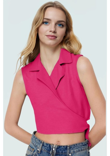 Keten Görünümlü Crop Bluz Ceket Yaka Kalın Askılı Yazlık Rahat Kullanım