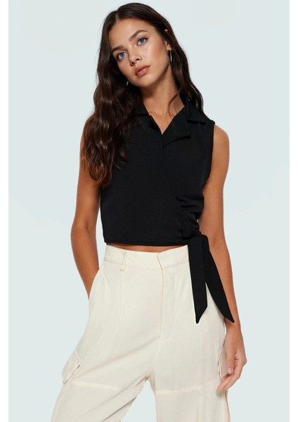 Keten Görünümlü Crop Bluz Ceket Yaka Kalın Askılı Yazlık Rahat Kullanım
