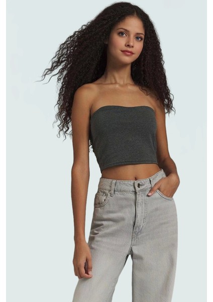 Fitted Straplez Yaka Crop Örme Bluz Rahat Günlük Stil Dayanıklı Malzeme Seçkin