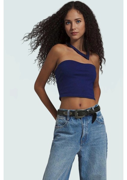 Fitted Straplez Yaka Crop Örme Bluz Rahat Günlük Stil Dayanıklı Malzeme Seçkin