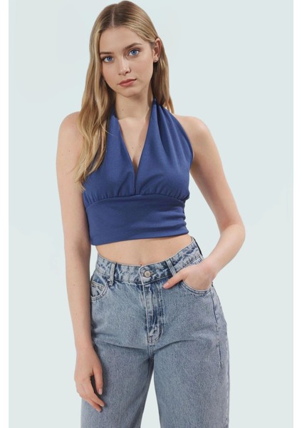 Şık Boyundan Bağlamalı Kolsuz Örme Bluz Uzun Ömürlü Günlük Kullanım Için Modern Stil