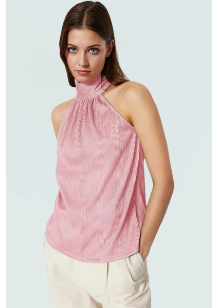 Pilise Örme Bluz Halter Yaka Regular Kalıp Yazlık Iş Elbisesi Uzun Ömürlü Konforlu Kesim