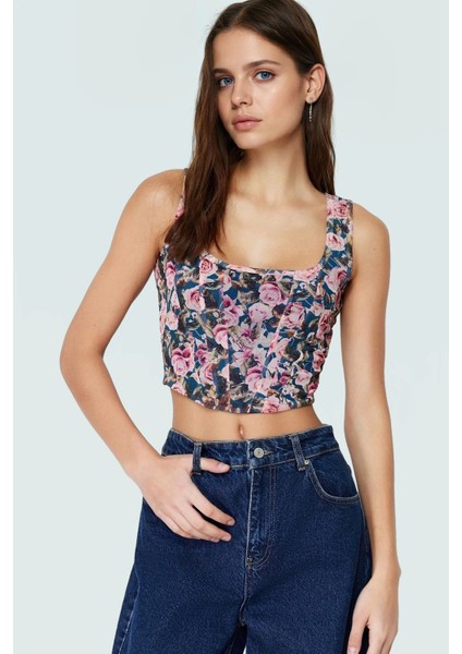 Çiçek Desenli Tül Örme Bluz Fitted Vücut Asimetrik Uzun Ömürlü Kaliteli Işçilik