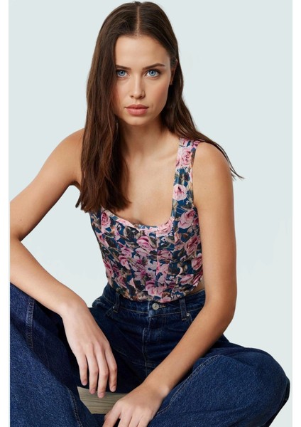 Çiçek Desenli Tül Örme Bluz Fitted Vücut Asimetrik Uzun Ömürlü Kaliteli Işçilik fiyatları