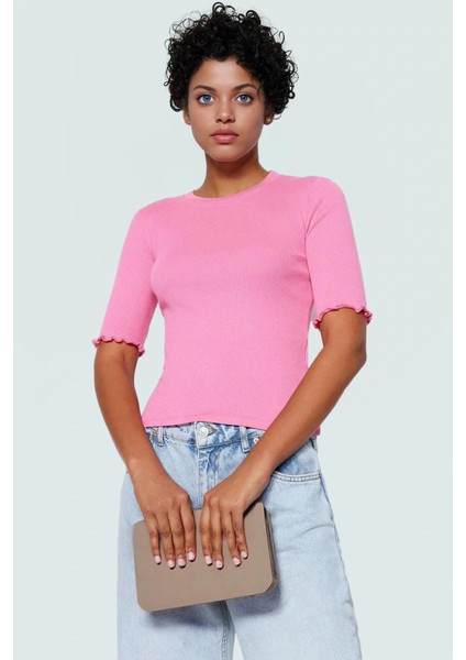 Kadın Bisiklet Yaka Kısa Kollu Örme Bluz Günlük Kullanım Premium Kalite Profesyonel Görünüm