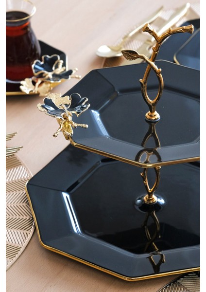 Dolmabahçe Sekizgen Siyah Altın Yaldızlı 6 Kişilik 34 Parça Pasta Servis Takımı