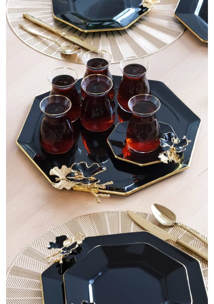 Dolmabahçe Sekizgen Siyah Altın Yaldızlı 6 Kişilik 34 Parça Pasta Servis Takımı