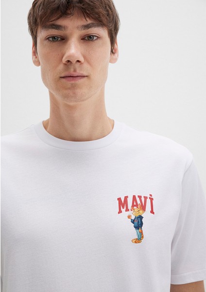 Mavi Kedi Baskılı Beyaz Tişört 0612861-620