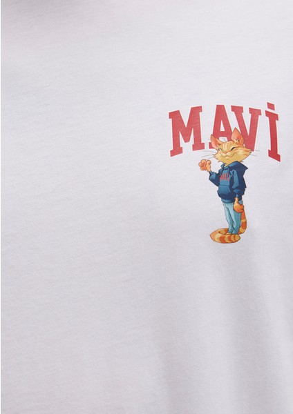 Mavi Kedi Baskılı Beyaz Tişört 0612861-620