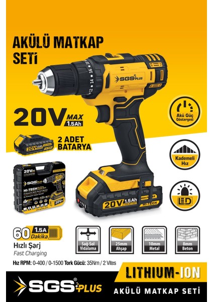 20V 1.5AH Akülü Matkap Vidalama Seti Çift Akülü 35 Nm Tork