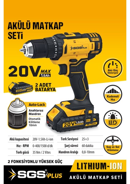 20V 1.5AH Akülü Matkap Vidalama Seti Çift Akülü 35 Nm Tork fiyatları