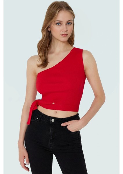 Tek Omuz Bağlamalı Crop Bluz Örme Pamuklu Yazlık Rahat Kombin Yüksek Kalite Uzun Ömürlü