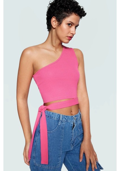 Tek Omuz Bağlamalı Crop Bluz Örme Pamuklu Yazlık Rahat Kombin Yüksek Kalite Uzun Ömürlü