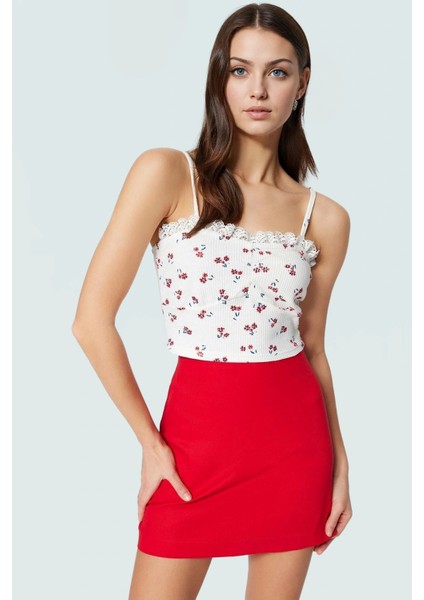 Kadın Çiçekli Waffle Kumaş Fitted Crop Bluz Yüksek Kalite Mükemmel Uyum Rahat ve Şık