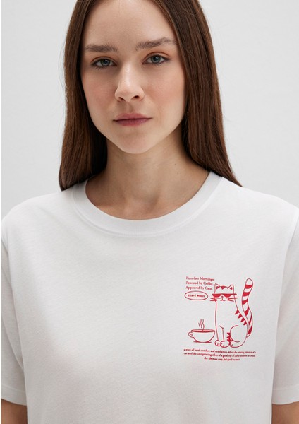 Kedi Baskılı Ekru Tişört 1613474-70057