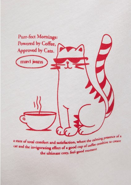 Kedi Baskılı Ekru Tişört 1613474-70057