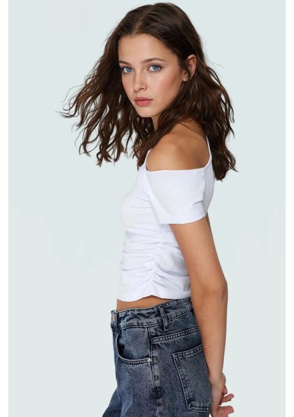 Crop Kısa Kollu Örme Bluz Asimetrik Yaka Günlük Stil Uzun Ömürlü Konforlu Kesim Mükemmel Uyum