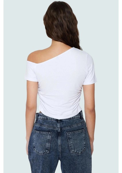 Crop Kısa Kollu Örme Bluz Asimetrik Yaka Günlük Stil Uzun Ömürlü Konforlu Kesim Mükemmel Uyum modelleri