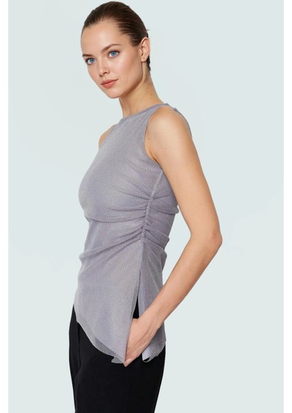 Tül Büzgülü Regular Kalıp Kolsuz Örme Bluz Yazlık Günlük Moda Özenle Seçilmiş Özel Tasarım