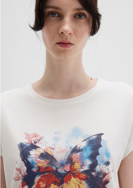 Kelebek Baskılı Ekru Tişört 1613457-80194