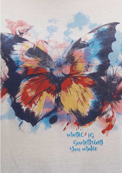 Kelebek Baskılı Ekru Tişört 1613457-80194