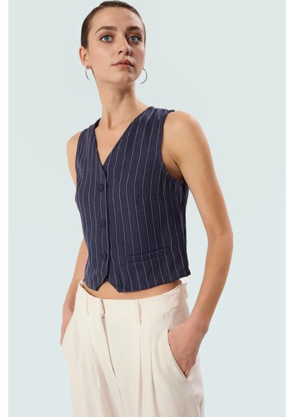 Yazlık Çizgili Crop Bluz V Yaka Polyester Dokuma Seçkin Malzeme Uzun Ömürlü