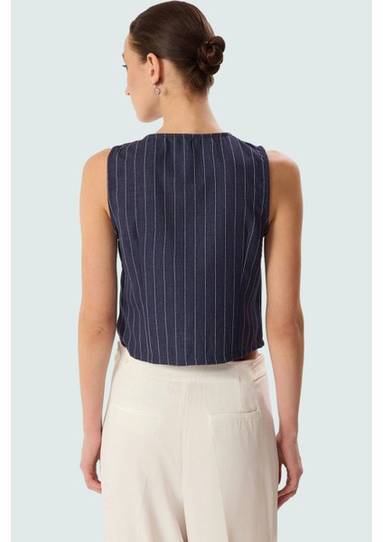 Yazlık Çizgili Crop Bluz V Yaka Polyester Dokuma Seçkin Malzeme Uzun Ömürlü modelleri