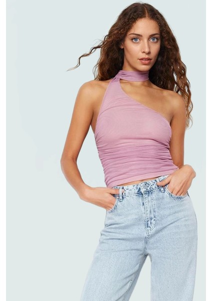 Asimetrik Yaka Kolsuz Fitted Örme Bluz Esnek Polyester Günlük Stil Kaliteli Işçilik Mükemmel Uyum fiyatları