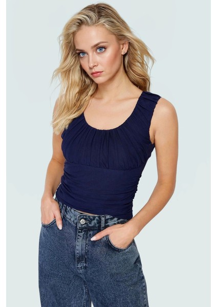 Kadın Büzgülü Sırt Detaylı Crop Bluz Yazlık Örme Uzun Ömürlü Günlük Kullanım Için