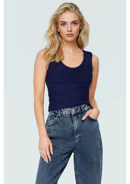 Kadın Büzgülü Sırt Detaylı Crop Bluz Yazlık Örme Uzun Ömürlü Günlük Kullanım Için modelleri