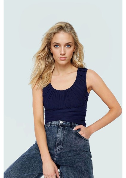 Kadın Büzgülü Sırt Detaylı Crop Bluz Yazlık Örme Uzun Ömürlü Günlük Kullanım Için fırsatları