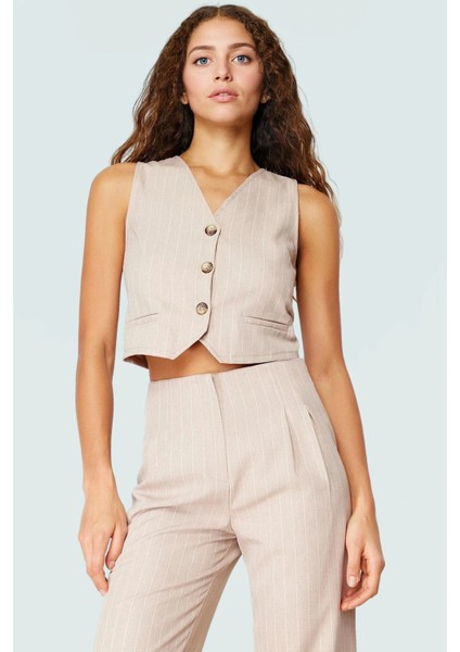 Yazlık Çizgili Crop Bluz V Yaka Polyester Dokuma Seçkin Malzeme Uzun Ömürlü