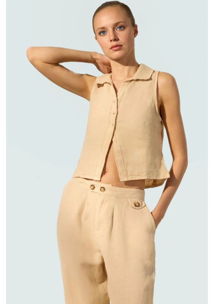 Keten Dokuma Fitted Kolsuz Bluz Rahat Günlük Yaz Stilleri Modern Stil Kullanım