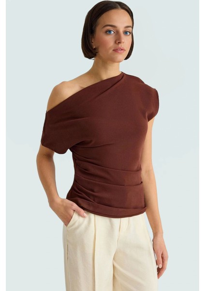 Kayık Yaka Tek Kol Krep Dokuma Bluz Şık Gece Kombinleri Için Uzun Ömürlü Zarifane Tasarım