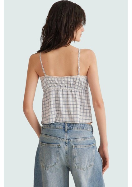 Kadın Ekose Desenli Saten Crop Bluz Ince Askılı Yazlık Rahat Günlük Mükemmel Uyum modelleri