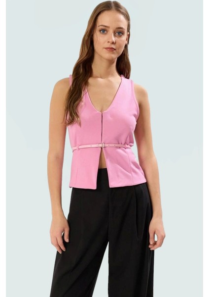 Fitted V Yaka Krep Bluz Kemerli Günlük Stil Şık Görünüm Konforlu Kesim Profesyonel